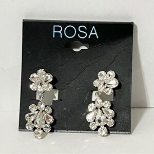 Rosa Clip On Earrings Clear Rhinestone Drop Dangle Party Earrings